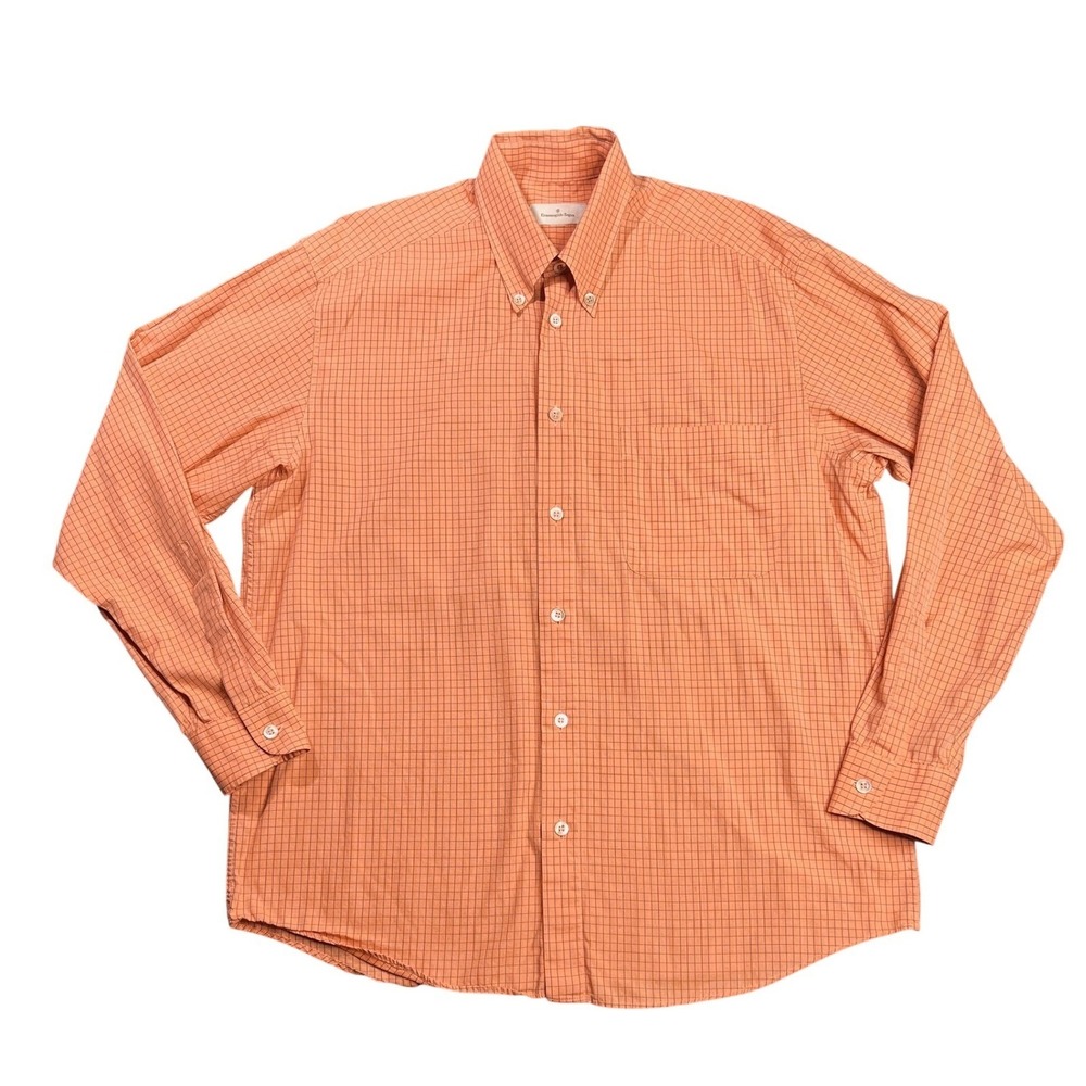 Ermenegildo‎ Zegna Men's Large Orange Micro Check Button Down Shirt Long Sleeve